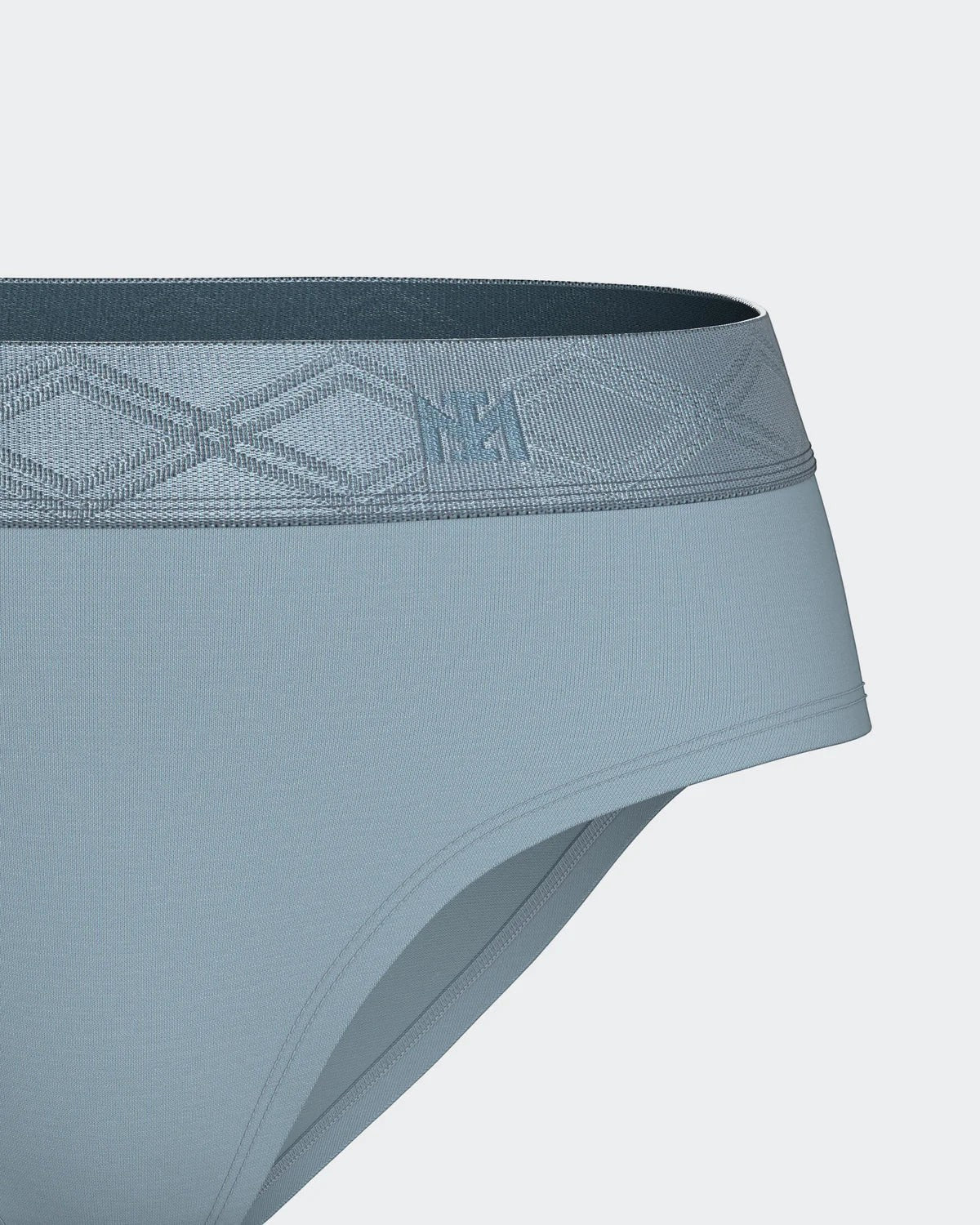 Maison Sarava women's light blue Lyocell briefs with a satin elasticated waistband featuring a geometric pattern.