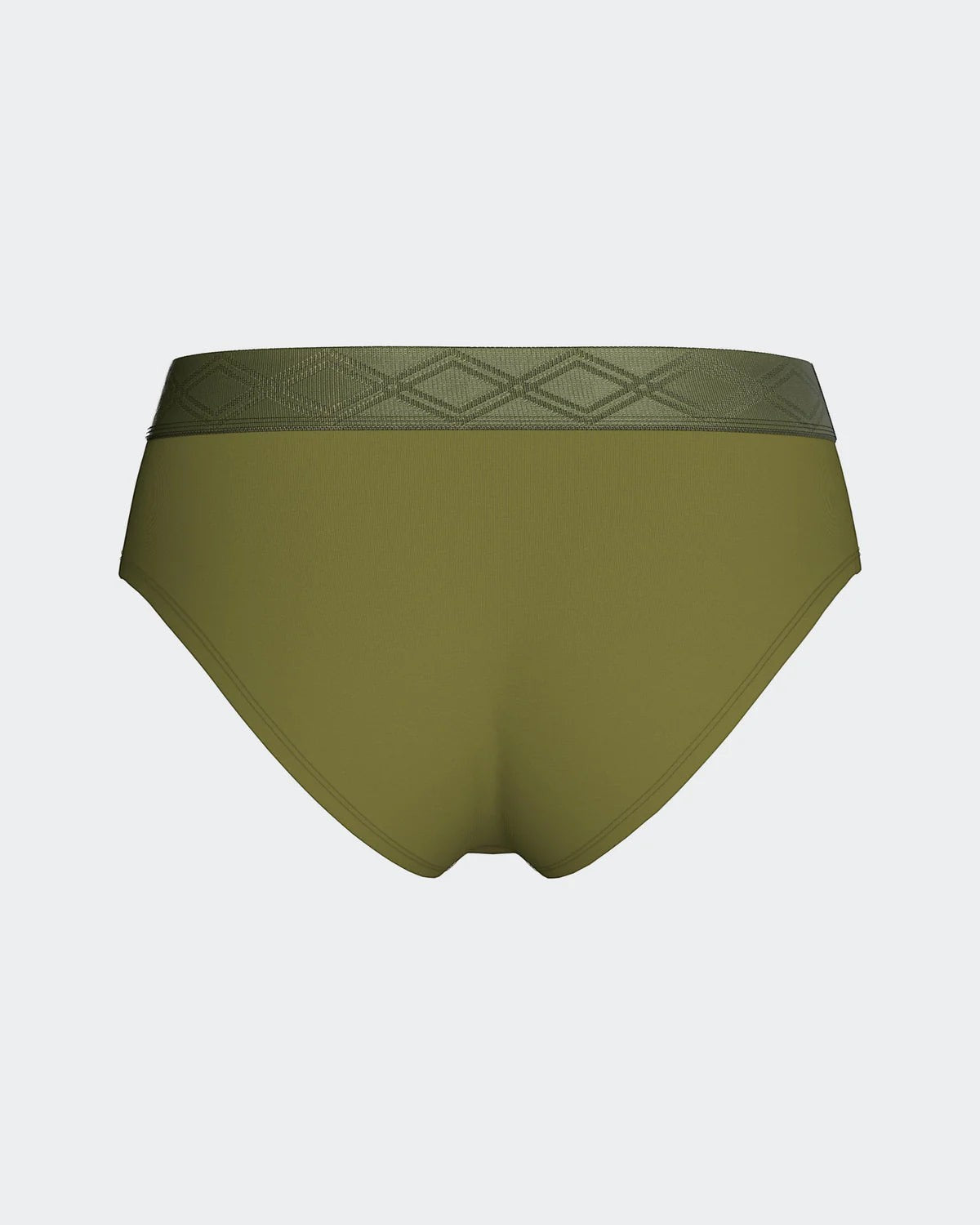 Maison Sarava women's olive green briefs made from TENCEL™ Lyocell with a satin elasticated waistband featuring a diamond pattern.