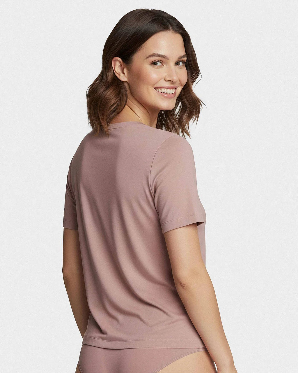Maison Sarava women's dusty rose V-neck t-shirt made from TENCEL Lyocell, a soft and breathable sustainable fabric.