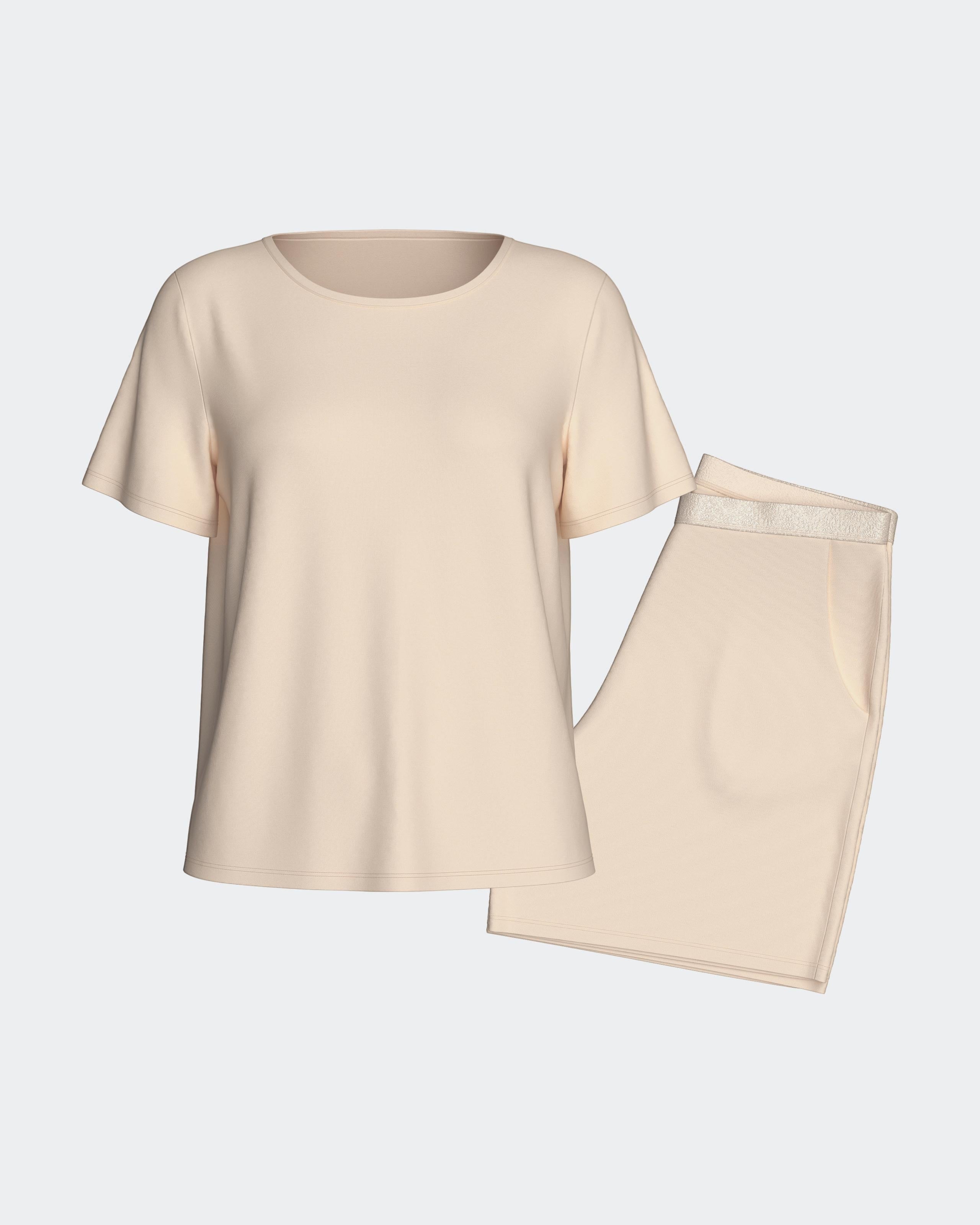 Maison Sarava women's light beige TENCEL Modal short-sleeved lounge set with plain top and shorts featuring a satin elasticated waistband.