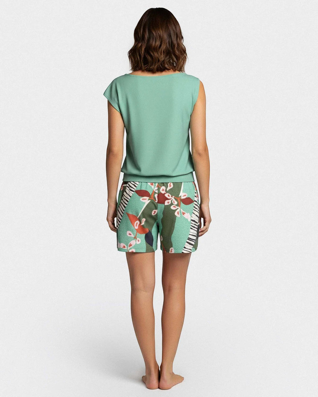 Maison Sarava women's mint green modal short sleeve lounge set with botanical print shorts and draped shoulder top.