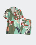 Maison Sarava women's green modal short sleeve lounge set with botanical print, lapel collar shirt, and shorts with pockets.