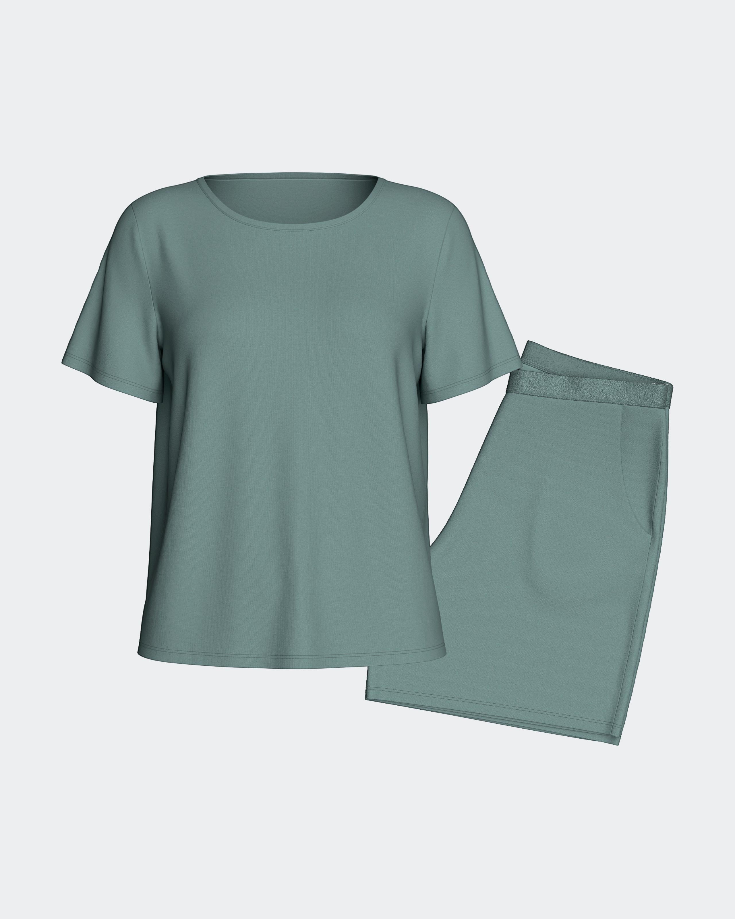 Maison Sarava women's sage green modal short sleeve lounge set with plain t-shirt and shorts with satin elastic waistband.