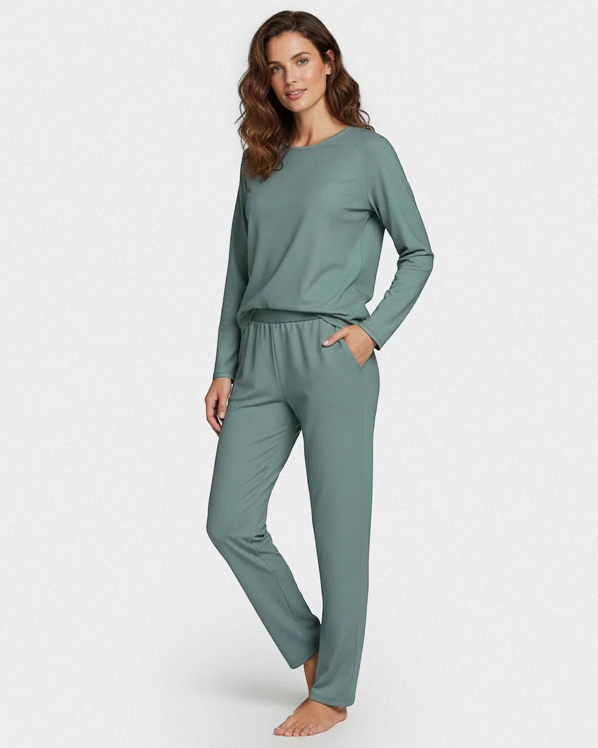 Maison Sarava women's sage green modal long sleeve lounge set with crew neck and side pockets.