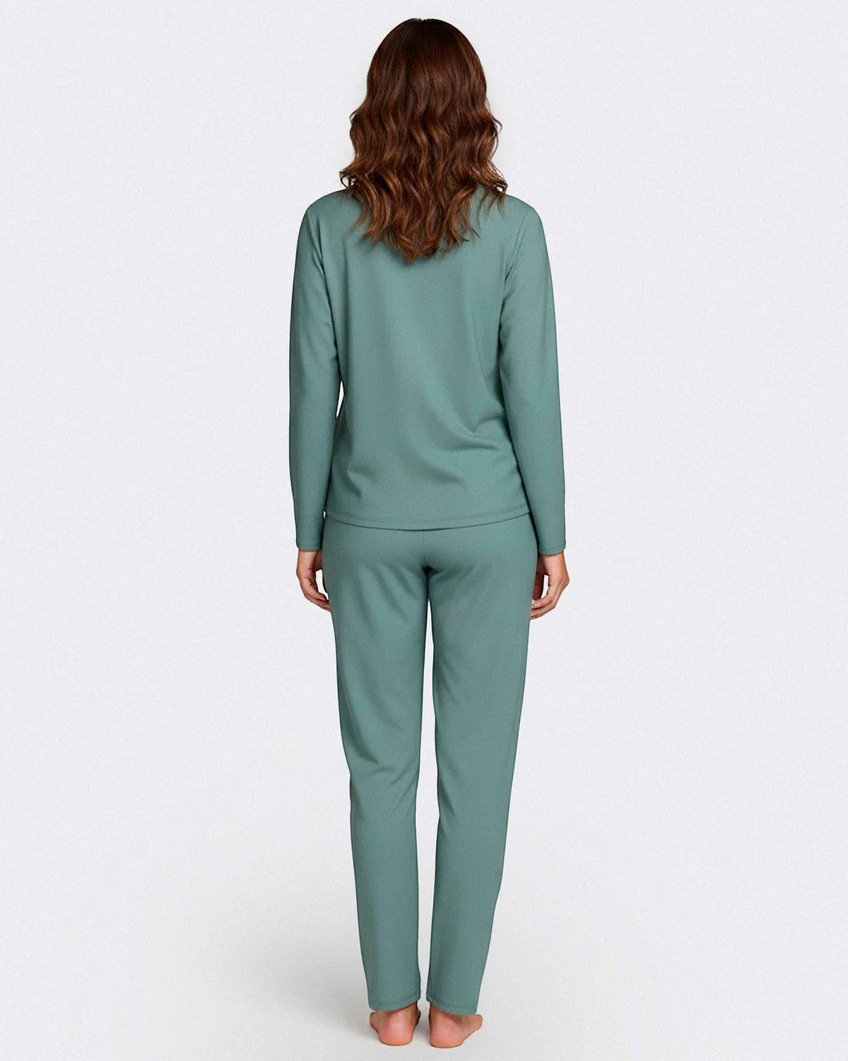 Maison Sarava women's sage green modal long sleeve lounge set with side pockets and satin waistband.