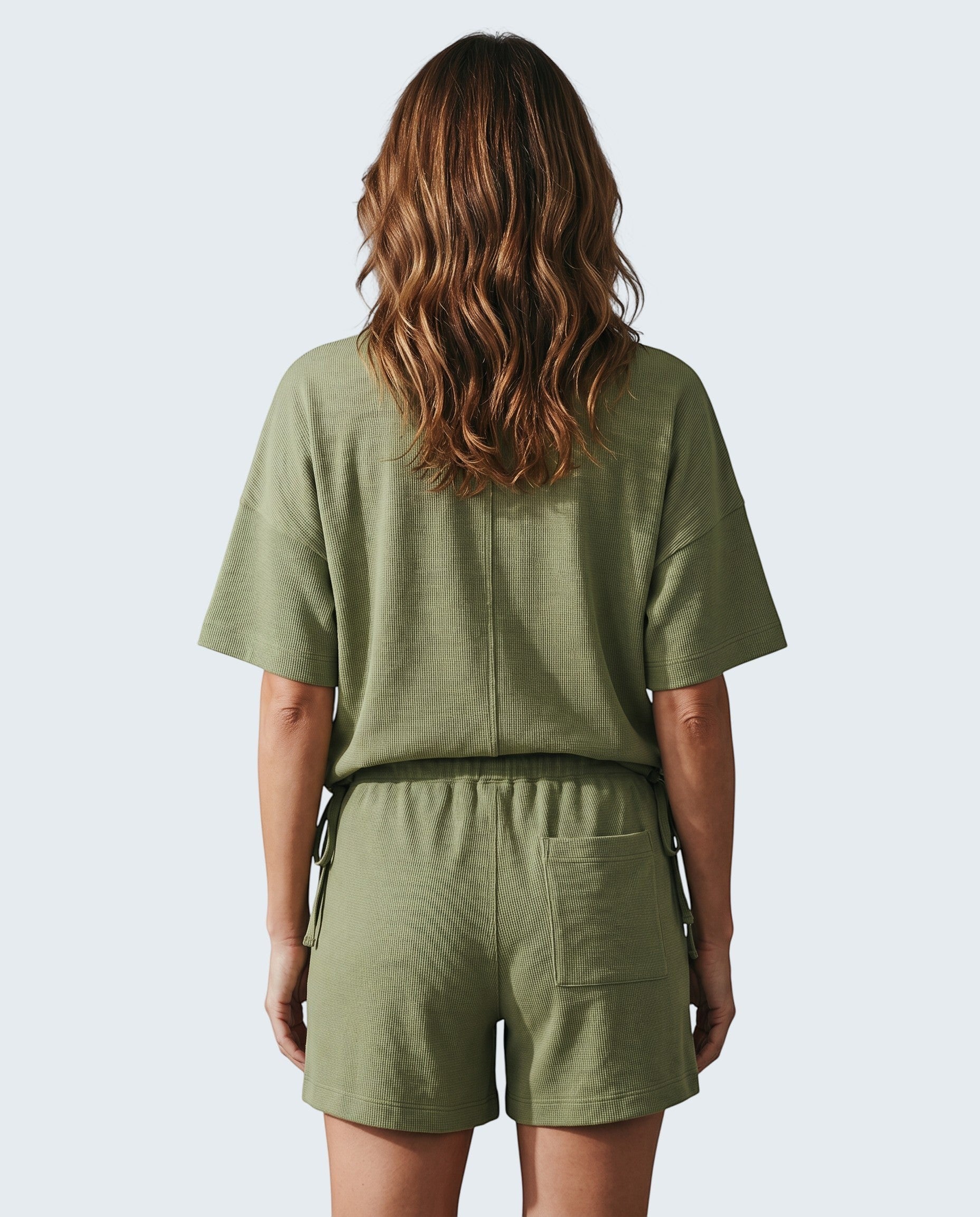 Maison Sarava women's relaxed fit olive green textured knit top and shorts set made of TENCEL™ Modal.