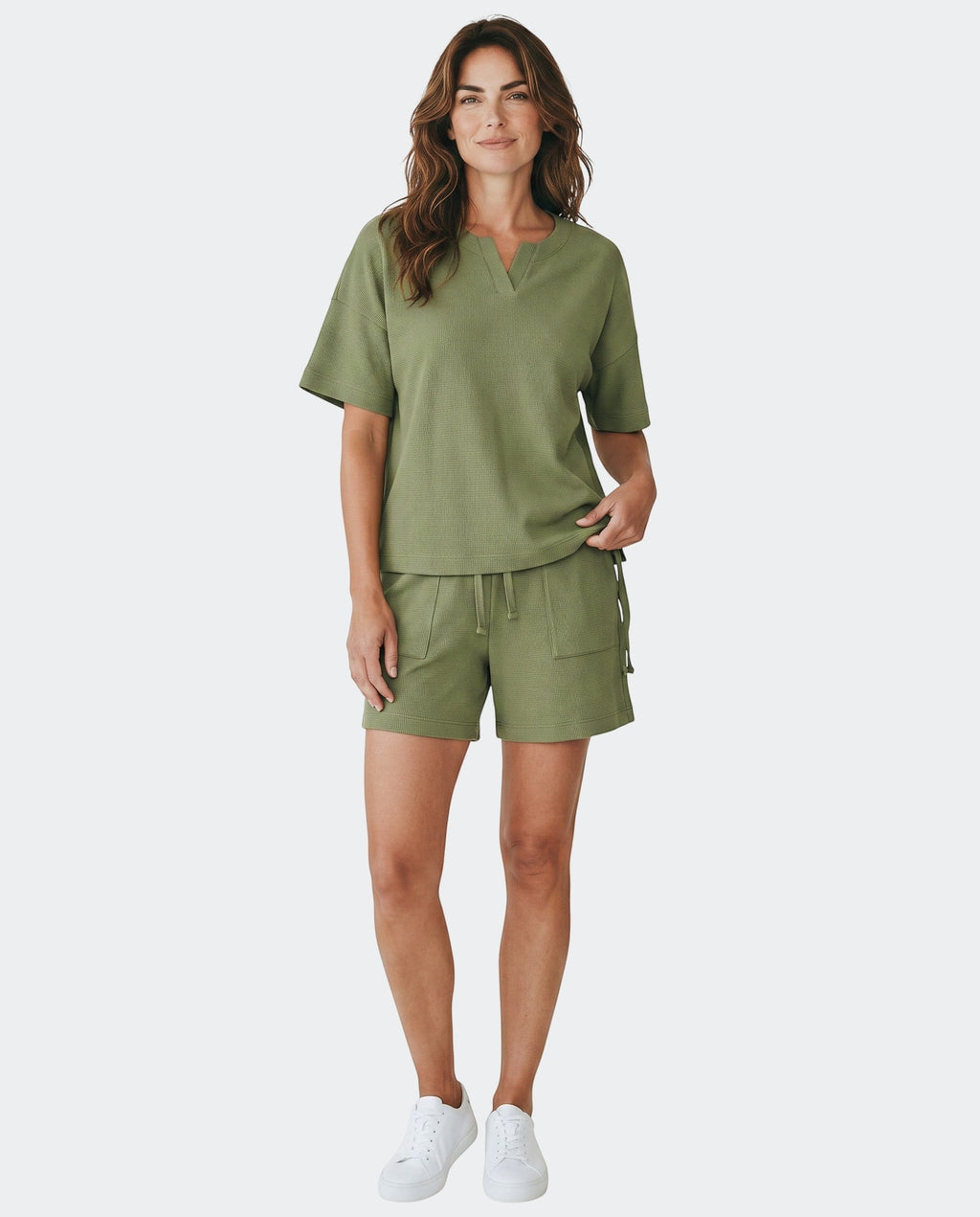 Maison Sarava women's relaxed fit olive green textured knit top and shorts set made from TENCEL™ Modal.