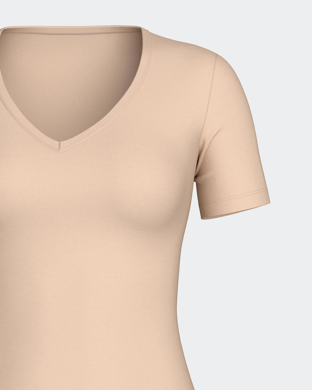 Maison Sarava women's light peach V-neck t-shirt made from a cotton-viscose blend with Outlast® technology for temperature regulation.
