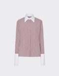 Maison Sarava women's fitted red and white striped shirt with a pointed contrast collar and cuffs.