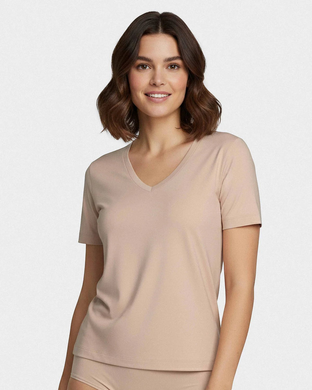 Maison Sarava women's soft premium T-shirt in beige, made from TENCEL Lyocell with a V-neck and short sleeves.