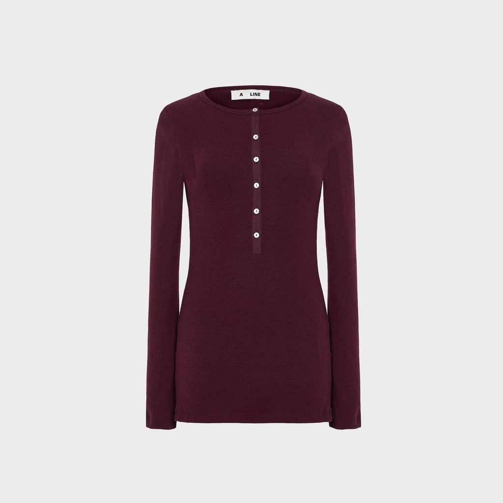 Women's Ribbed Henley Top in Windsor Wine — A Line Knitwear, Made in Europe | Maison Sarava